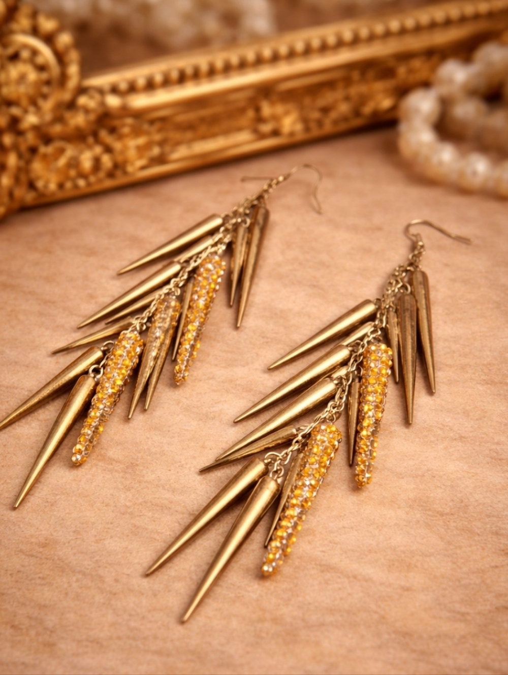 Long 80s Statement Earrings Gold Spike Fringe Dangle Tribal Punk Runway Style